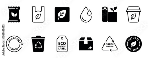 Collection of black eco-friendly packaging icons including symbols for natural materials, biodegradable products, and recycling, presented in a clean minimalist vector style