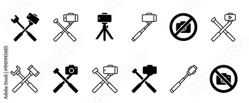 Set of black selfie stick icons for mobile photography, showing monopods, tripods, smartphone holders, and no camera signs in solid and outline vector styles