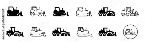 Collection of black construction vehicle icons showing bulldozers and graders in solid glyph and thin line art styles, presented as a minimalist vector symbol set for graphic design