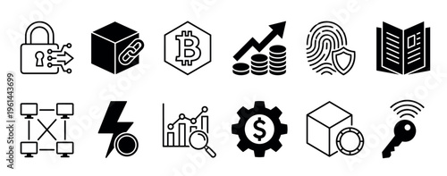 Minimalist black glyph and outline icon set for blockchain, cryptocurrency, and fintech, featuring symbols for digital security, financial growth, data analysis, and decentralized networks