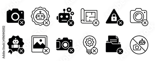 Collection of black and white prohibited digital icons, including cameras, robots, blueprints, and folders, signifying restrictions or errors in creative and technical processes