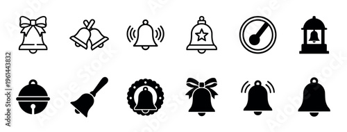 Collection of black bell icons in various styles, including Christmas, notification, and handbell designs, presented as a minimalist line art and solid glyph set for graphic design