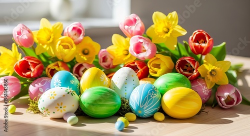 Vibrant Fresh Daffodils and Tulips Enhance Easter Egg Display for a Joyful Spring Celebration