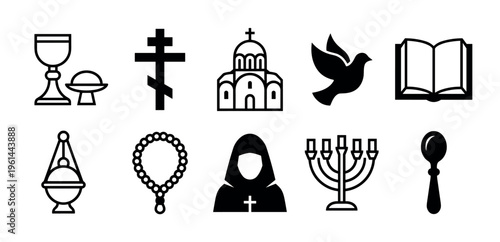 Collection of black religious icons and symbols representing Christianity and Judaism in a minimalist glyph style, including a cross, church, menorah, dove, and bible