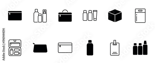 Collection of black cosmetic and toiletry icons showing bags, bottles, tubes, and cases for travel and personal care, presented in a minimalist line art and glyph style
