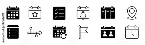 Black minimalist icon set for planning and scheduling, featuring calendar, checklist, timeline, and reminder symbols for business project management and organization concepts