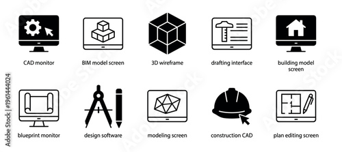 Set of black glyph and line icons representing architecture, engineering, and construction technology, including symbols for CAD, BIM, 3D modeling, blueprints, and drafting software