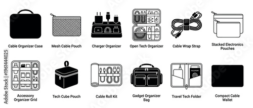 Set of tech and travel organizer icons showing various cases, pouches, bags, and wallets for cables, chargers, and electronic gadgets in a clean glyph and silhouette style