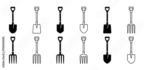 Collection of black garden tool icons featuring shovels and pitchforks in various shapes, presented in both solid silhouette and thin line art styles for graphic design