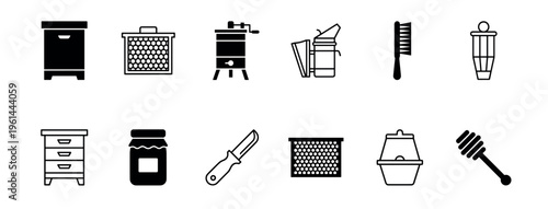 Beekeeping and honey production equipment icon set showing a beehive, honeycomb, extractor, smoker, and dipper in a simple black and white linear and glyph style collection