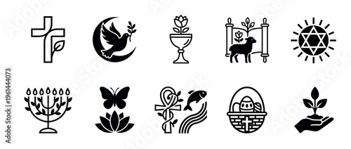 Collection of black religious spiritual symbols including the cross, dove, menorah, and ankh, presented as a set of minimalist flat glyph icons for various faiths and beliefs
