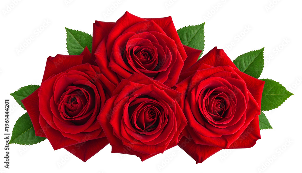 Naklejka premium Four vibrant red roses with green leaves arranged against a black background