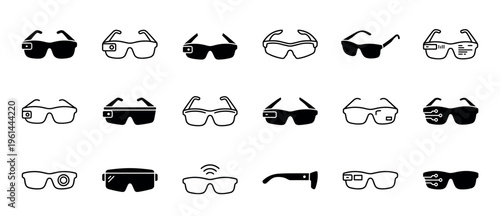 Smart glasses icon set featuring various designs of wearable technology in both glyph and line art styles for augmented and virtual reality concepts, showcasing futuristic eyewear with cameras 