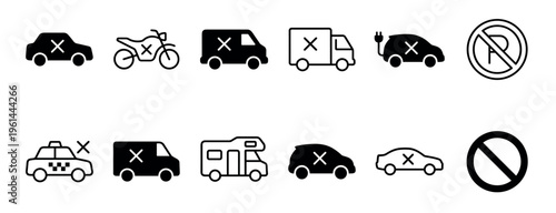 Set of black and white transportation icons featuring various vehicles like cars, trucks, and motorcycles with cancellation marks alongside prohibition and no parking traffic signs