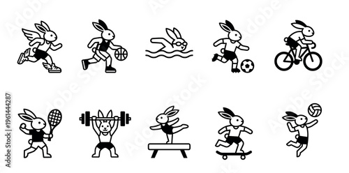 Set of black and white rabbit sport icons showing a cartoon bunny character participating in various athletic activities like running, swimming, cycling, and weightlifting
