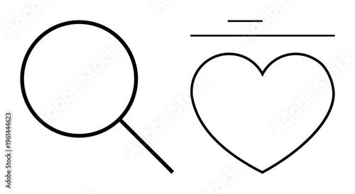 Data analysis, customer choice, research, user preferences, favorites, online search. A magnifying glass and heart symbol with a line. Research and user preferences concept