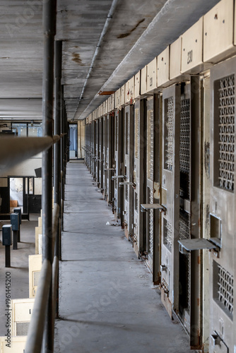 Long view of prison cell block.