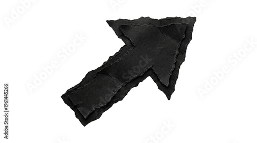 Black torn paper arrow pointing up, ripped cardboard pointer with rough edges, textured paper arrow isolated on white background