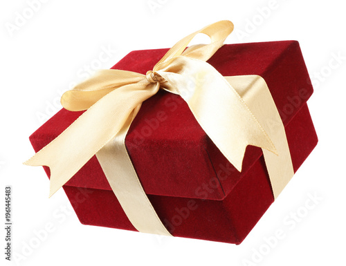 Red gift box with bow in air isolated on white