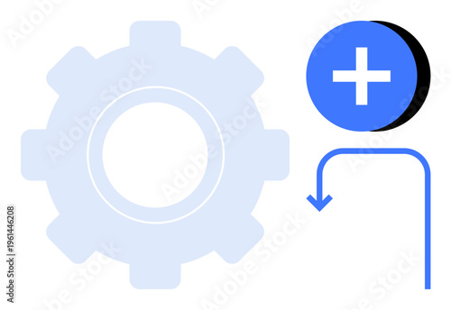 Process concept. Abstract gear with plus symbol and downward arrow settings operations and integration. Process tools, workflows, configuration, engineering, management