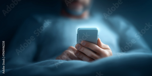 Man using smartphone in dark bed at night