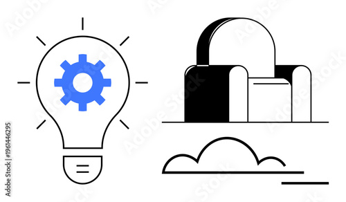 Innovation, creativity, technology, design ideas, futuristic concepts, building structures. Light bulb with gear symbol, abstract architecture and cloud-thumbs up design. Innovation and creativity
