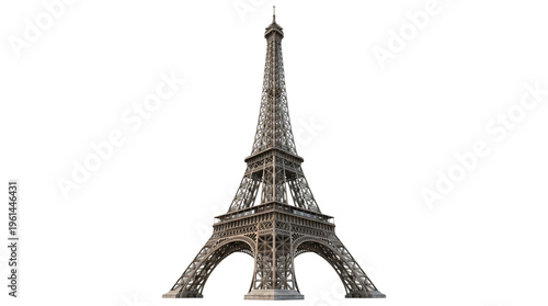 Eiffel Tower isolated on white background, iconic iron lattice landmark of Paris, historic French monument and architectural tourist attraction