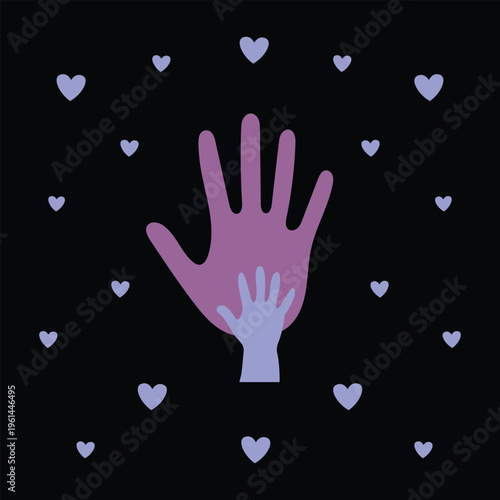  tender vector graphic illustration features a large hand embracing a smaller hand, symbolizing parental love, care, support, and many floating heart designs.