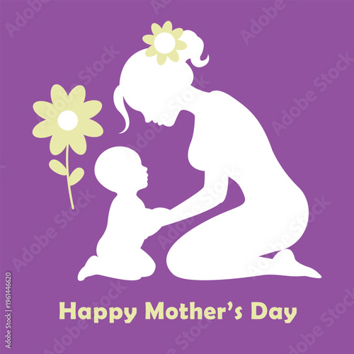 Charming vector graphic illustration celebrating maternal love between a mother and a small child with flowers