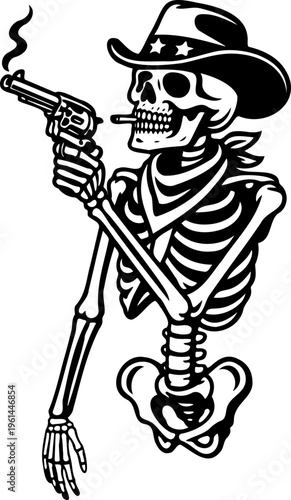 Cowboy skeleton characters set, wild west skull gunfighters with revolvers, smoking guns, western outlaw skeletons, halloween themed