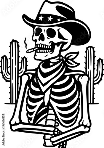 Cowboy skeleton characters set, wild west skull gunfighters with revolvers, smoking guns, western outlaw skeletons, halloween themed