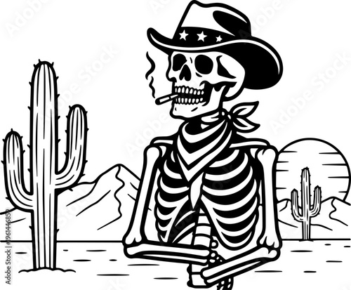 Cowboy skeleton characters set, wild west skull gunfighters with revolvers, smoking guns, western outlaw skeletons, halloween themed