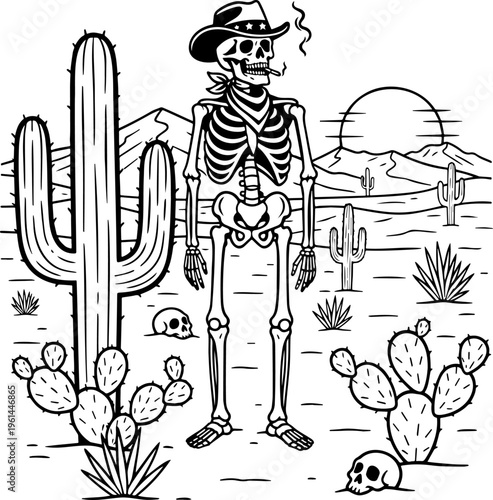Cowboy skeleton characters set, wild west skull gunfighters with revolvers, smoking guns, western outlaw skeletons, halloween themed