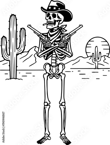 Cowboy skeleton characters set, wild west skull gunfighters with revolvers, smoking guns, western outlaw skeletons, halloween themed
