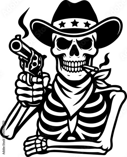 Cowboy skeleton characters set, wild west skull gunfighters with revolvers, smoking guns, western outlaw skeletons, halloween themed