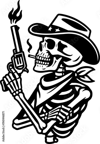 Cowboy skeleton characters set, wild west skull gunfighters with revolvers, smoking guns, western outlaw skeletons, halloween themed