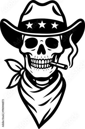 Cowboy skeleton characters set, wild west skull gunfighters with revolvers, smoking guns, western outlaw skeletons, halloween themed