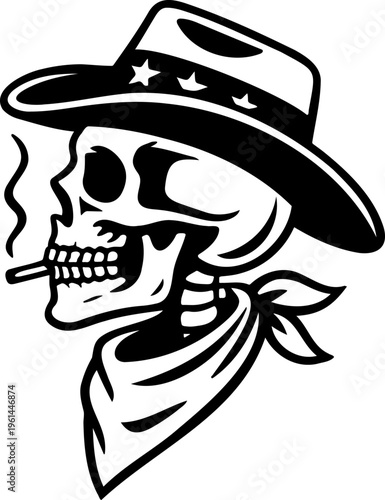 Cowboy skeleton characters set, wild west skull gunfighters with revolvers, smoking guns, western outlaw skeletons, halloween themed