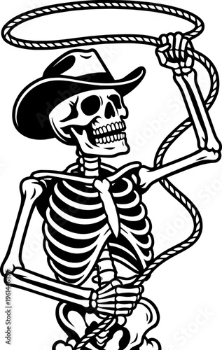 Cowboy skeleton characters set, wild west skull gunfighters with revolvers, smoking guns, western outlaw skeletons, halloween themed