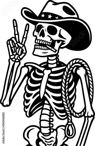 Cowboy skeleton characters set, wild west skull gunfighters with revolvers, smoking guns, western outlaw skeletons, halloween themed