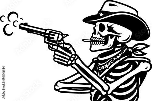 Cowboy skeleton characters set, wild west skull gunfighters with revolvers, smoking guns, western outlaw skeletons, halloween themed