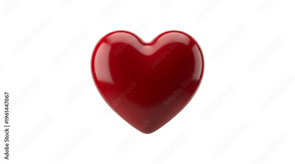 Fototapeta premium Glossy red heart symbol on white background, 3D romantic love icon, shiny plastic heart shape for Valentine's Day and wedding design