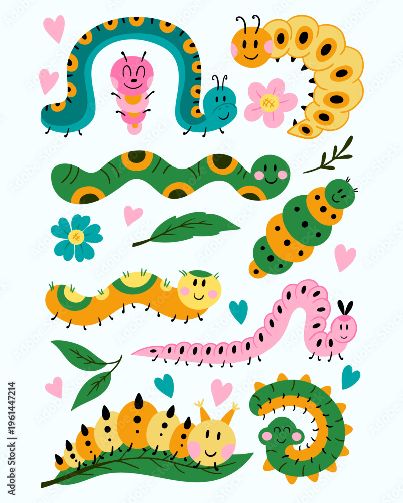 Obraz premium Cute cartoon caterpillars in bright colors