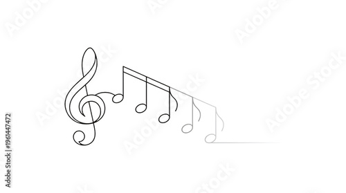 Minimalist continuous line drawing of music notes, elegant treble clef and musical staff symbols, black ink sketch on white background
