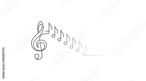 Minimalist treble clef and musical notes line art, elegant black and white music staff illustration, artistic musical notation on white background
