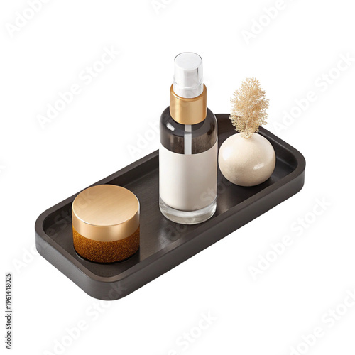 A dark rectangular tray holding a cosmetic spray bottle a small golden cream jar and a mini vase.