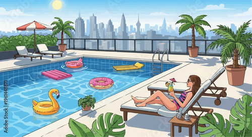 Young woman relaxing by pool with city view and drinks on sunny day  
