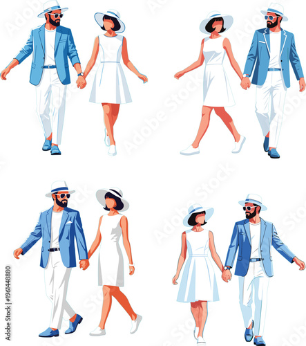 Elegant couple walking together holding hands wearing stylish white and blue summer outfits with hats for luxury vacation