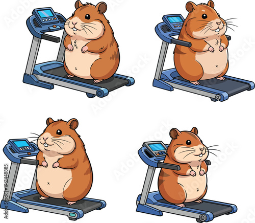 Cute fat hamster running on treadmill machine set for gym fitness healthy lifestyle concept isolated vector illustration