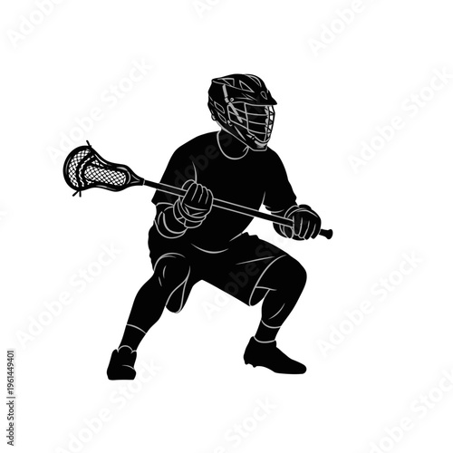 Silhouette of a lacrosse player in action on the field.